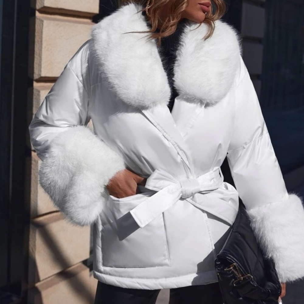 Luxe vegan fur detail belted puffer coat - Picture 1 of 6